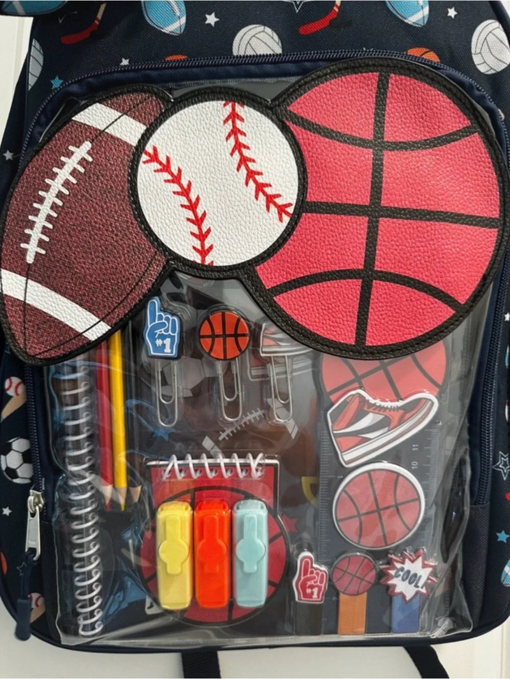Kids Sports Print Backpack with Clear Front Pocket - Navy/Red